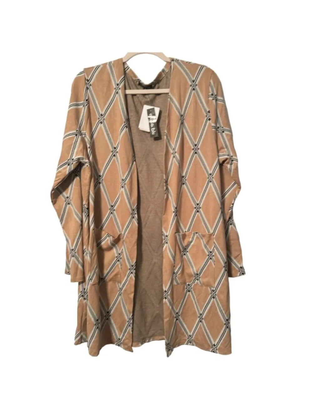 Olivia Blu Womens Long Sleeve Open Front Cardigan With Pockets 1X Beige & Black - Picture 7 of 12